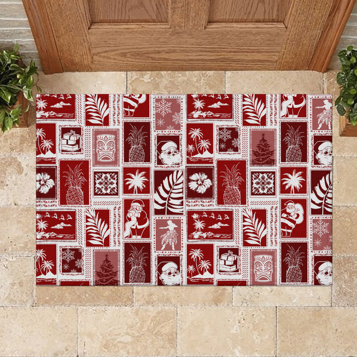 Hawaii Christmas Retro Patchwork Rubber Doormat Red LT7 - Polynesian Pride