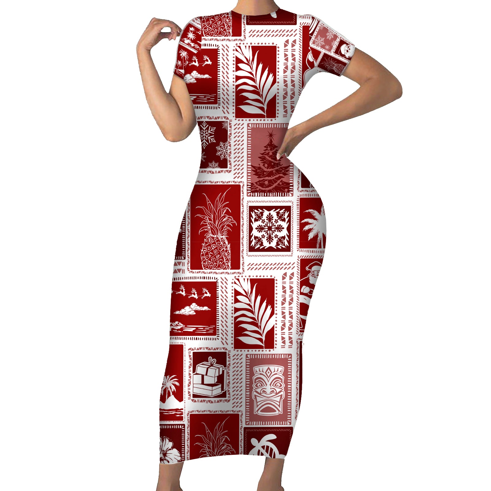 Hawaii Christmas Retro Patchwork Short Sleeve Bodycon Dress Red LT7 Long Dress Red - Polynesian Pride