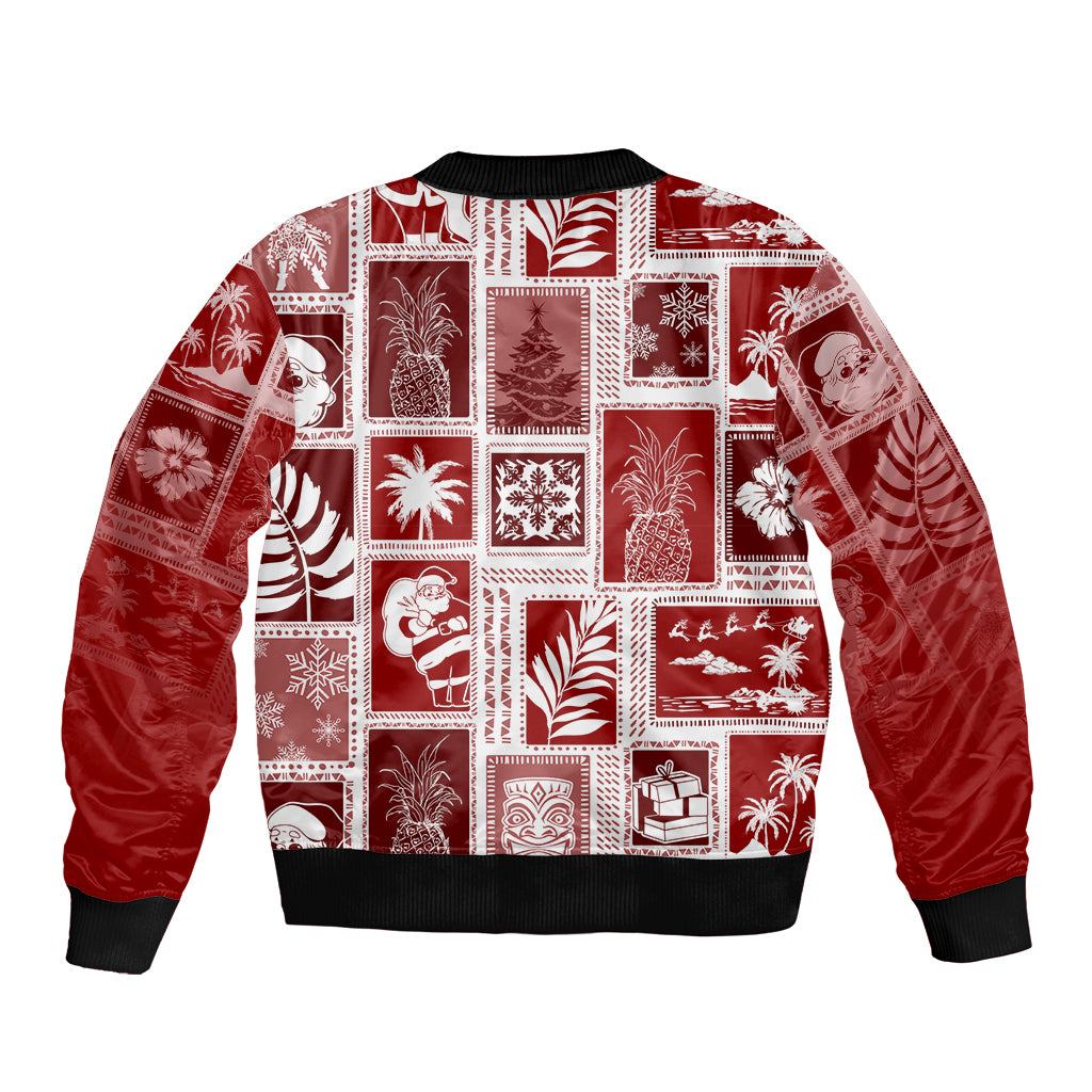 Hawaii Christmas Retro Patchwork Sleeve Zip Bomber Jacket Red LT7 - Polynesian Pride
