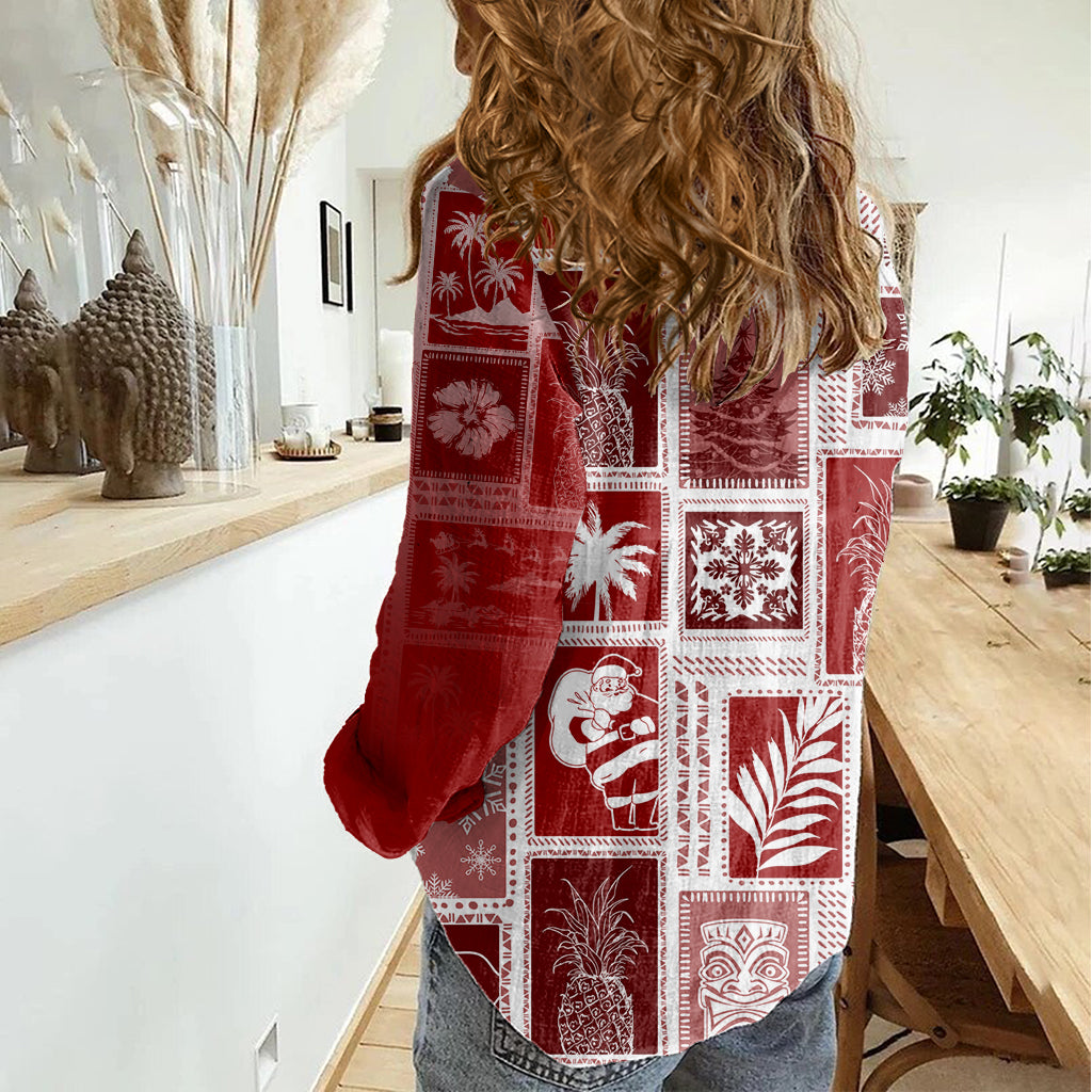 Hawaii Christmas Retro Patchwork Women Casual Shirt Red LT7 - Polynesian Pride