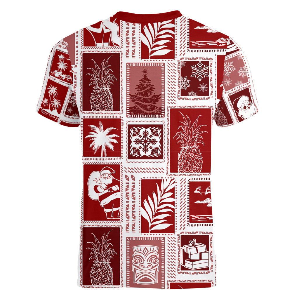 Hawaii Christmas Retro Patchwork Women V Neck T Shirt Red LT7 - Polynesian Pride