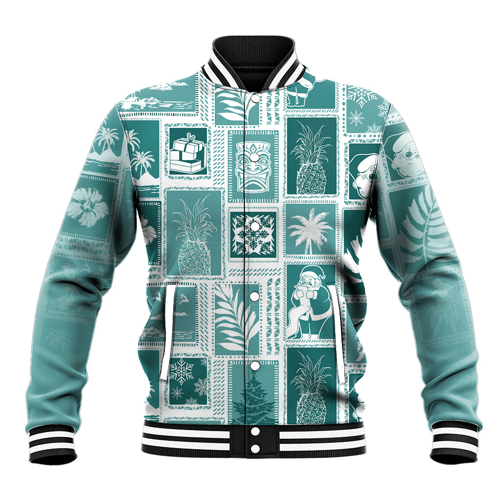 Hawaii Christmas Retro Patchwork Baseball Jacket Teal LT7 Unisex Teal - Polynesian Pride