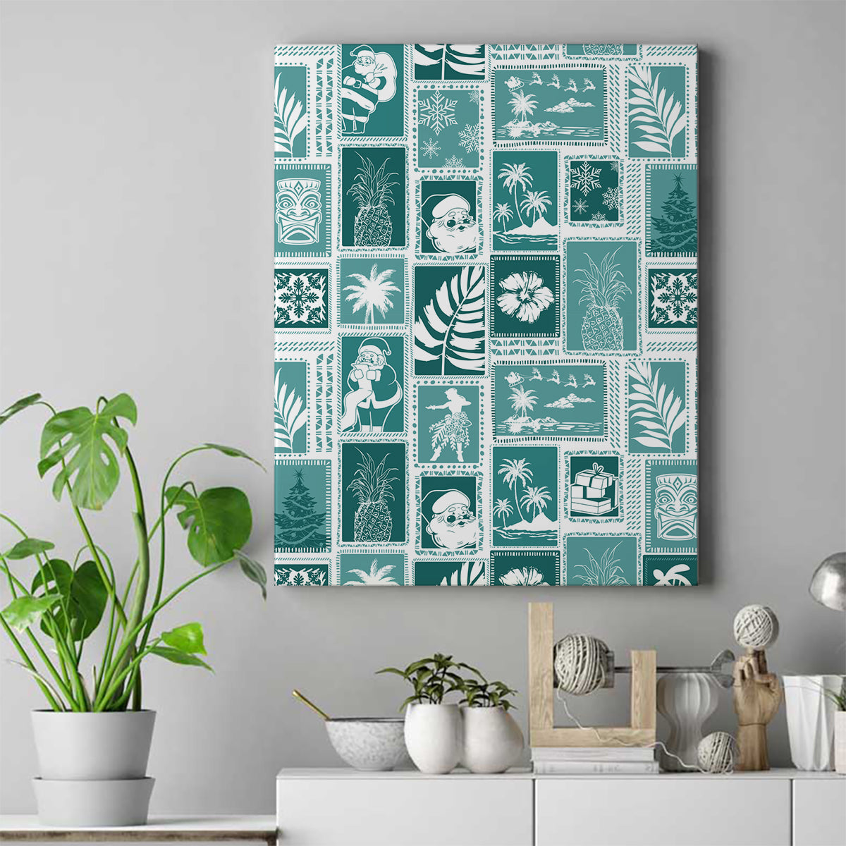 Hawaii Christmas Retro Patchwork Canvas Wall Art Teal LT7 Teal - Polynesian Pride