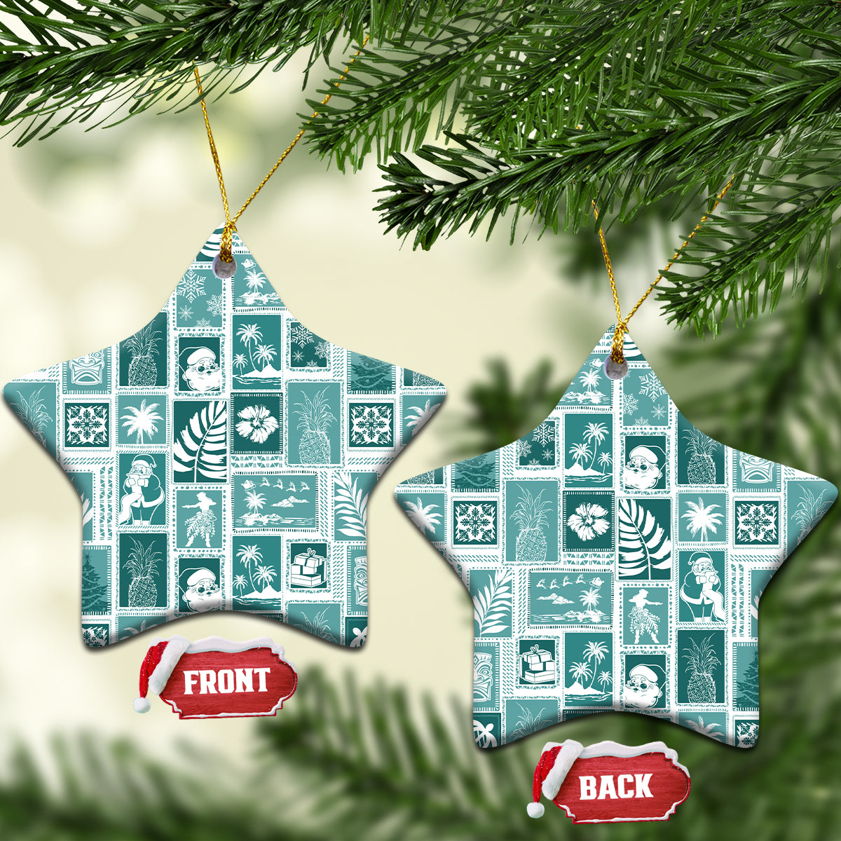 Hawaii Christmas Ceramic Ornament Retro Patchwork - Teal LT7 Star Teal - Polynesian Pride