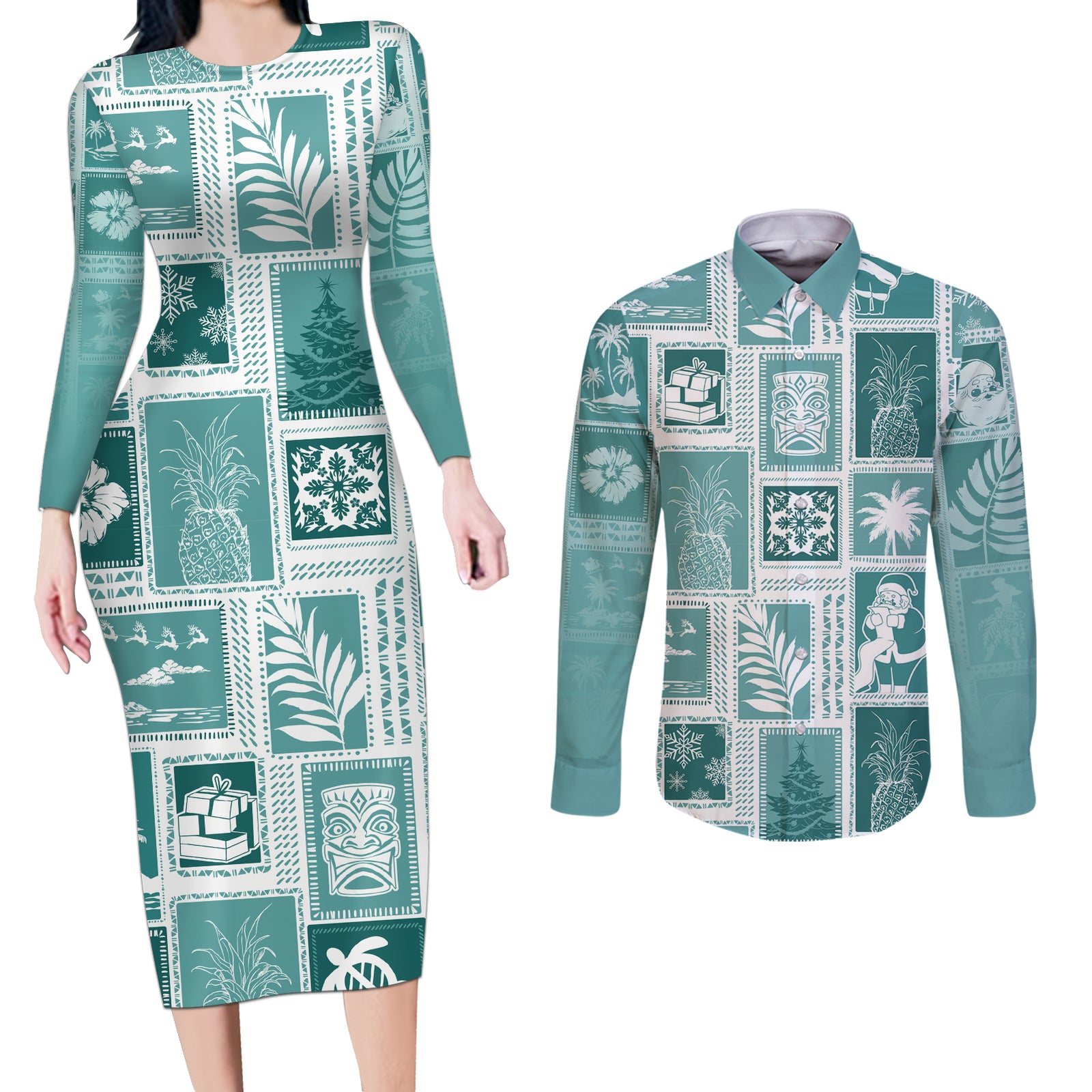 Hawaii Christmas Retro Patchwork Couples Matching Long Sleeve Bodycon Dress and Long Sleeve Button Shirt Teal LT7 Teal - Polynesian Pride