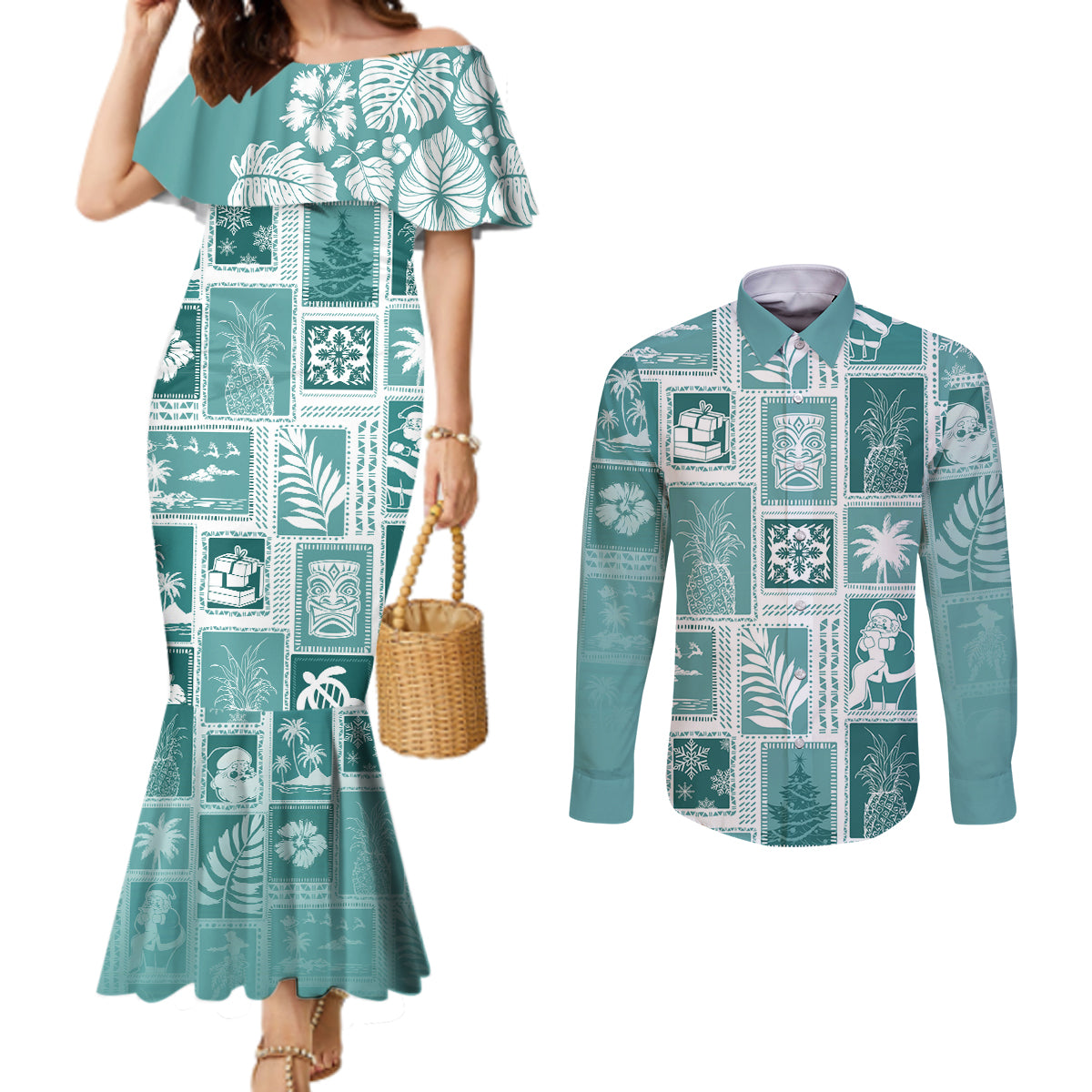 Hawaii Christmas Retro Patchwork Couples Matching Mermaid Dress and Long Sleeve Button Shirt Teal LT7 Teal - Polynesian Pride