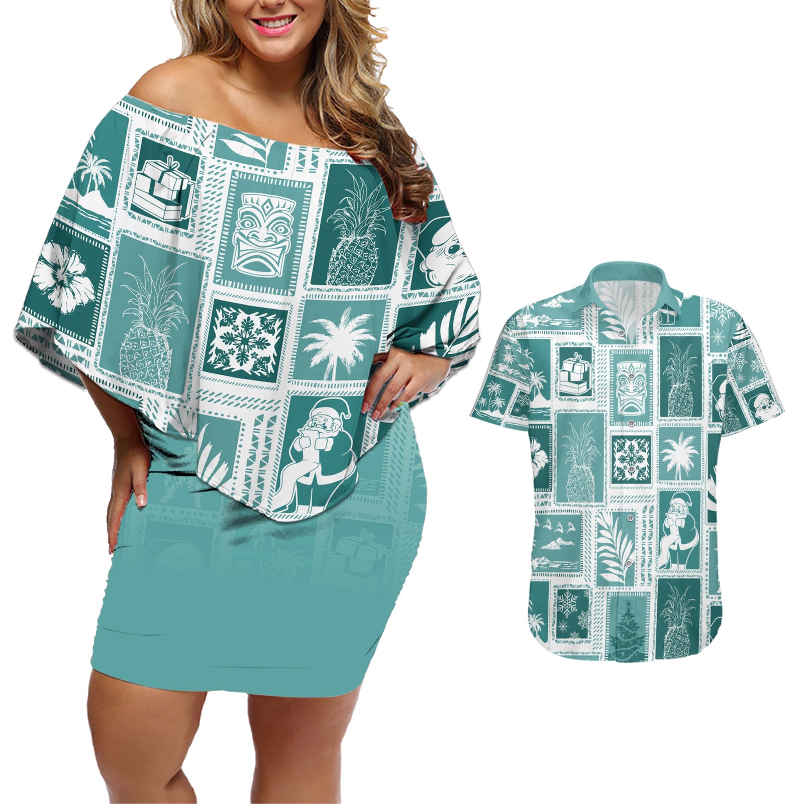 Hawaii Christmas Retro Patchwork Couples Matching Off Shoulder Short Dress and Hawaiian Shirt Teal LT7 Teal - Polynesian Pride