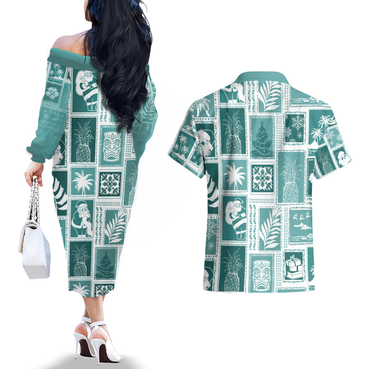 Hawaii Christmas Retro Patchwork Couples Matching Off The Shoulder Long Sleeve Dress and Hawaiian Shirt Teal LT7 - Polynesian Pride