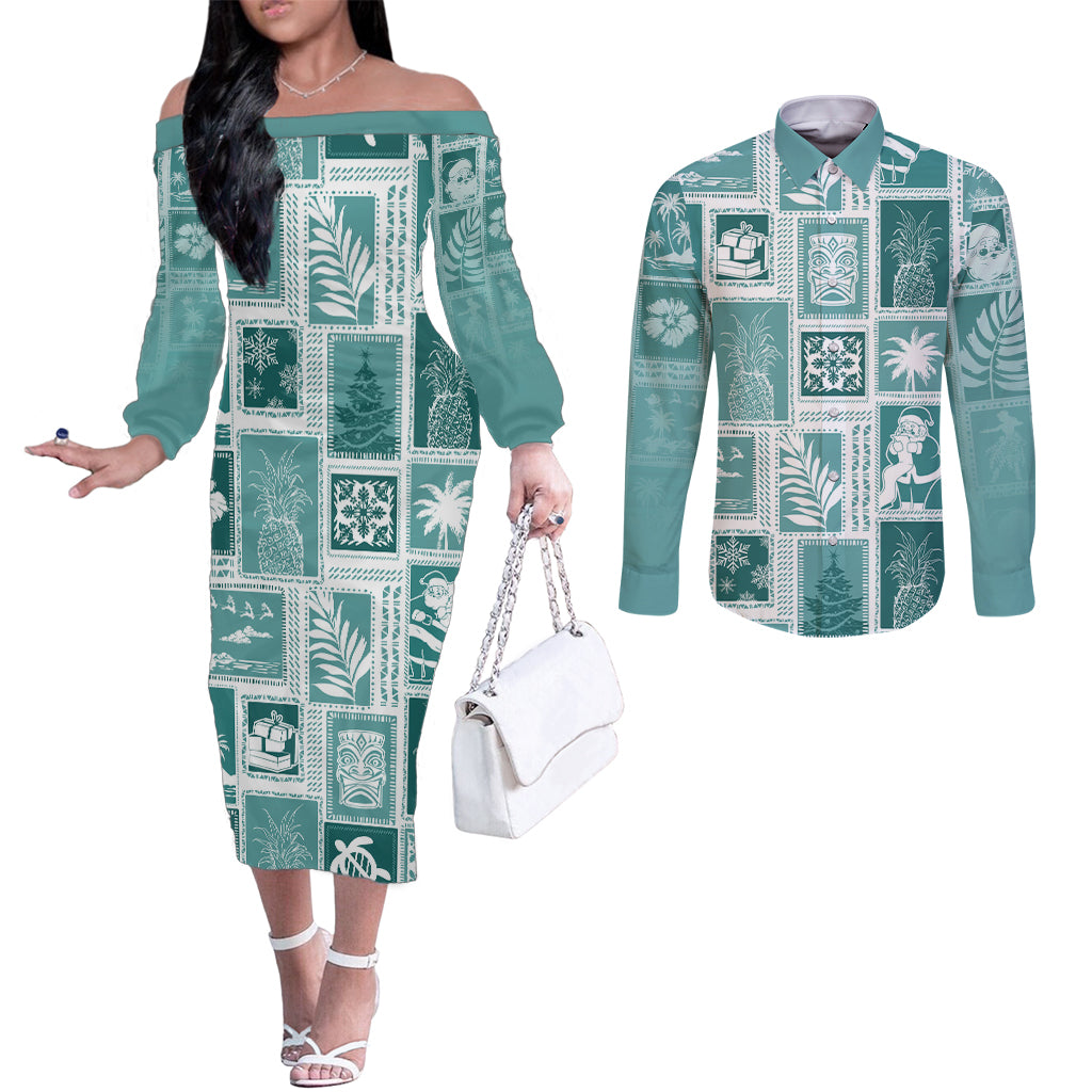 Hawaii Christmas Retro Patchwork Couples Matching Off The Shoulder Long Sleeve Dress and Long Sleeve Button Shirt Teal LT7 Teal - Polynesian Pride