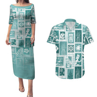 Hawaii Christmas Retro Patchwork Couples Matching Puletasi Dress and Hawaiian Shirt Teal LT7 Teal - Polynesian Pride