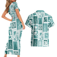 Hawaii Christmas Retro Patchwork Couples Matching Short Sleeve Bodycon Dress and Hawaiian Shirt Teal LT7 - Polynesian Pride