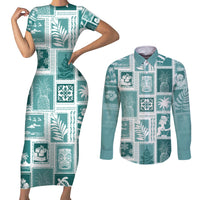 Hawaii Christmas Retro Patchwork Couples Matching Short Sleeve Bodycon Dress and Long Sleeve Button Shirt Teal LT7 Teal - Polynesian Pride