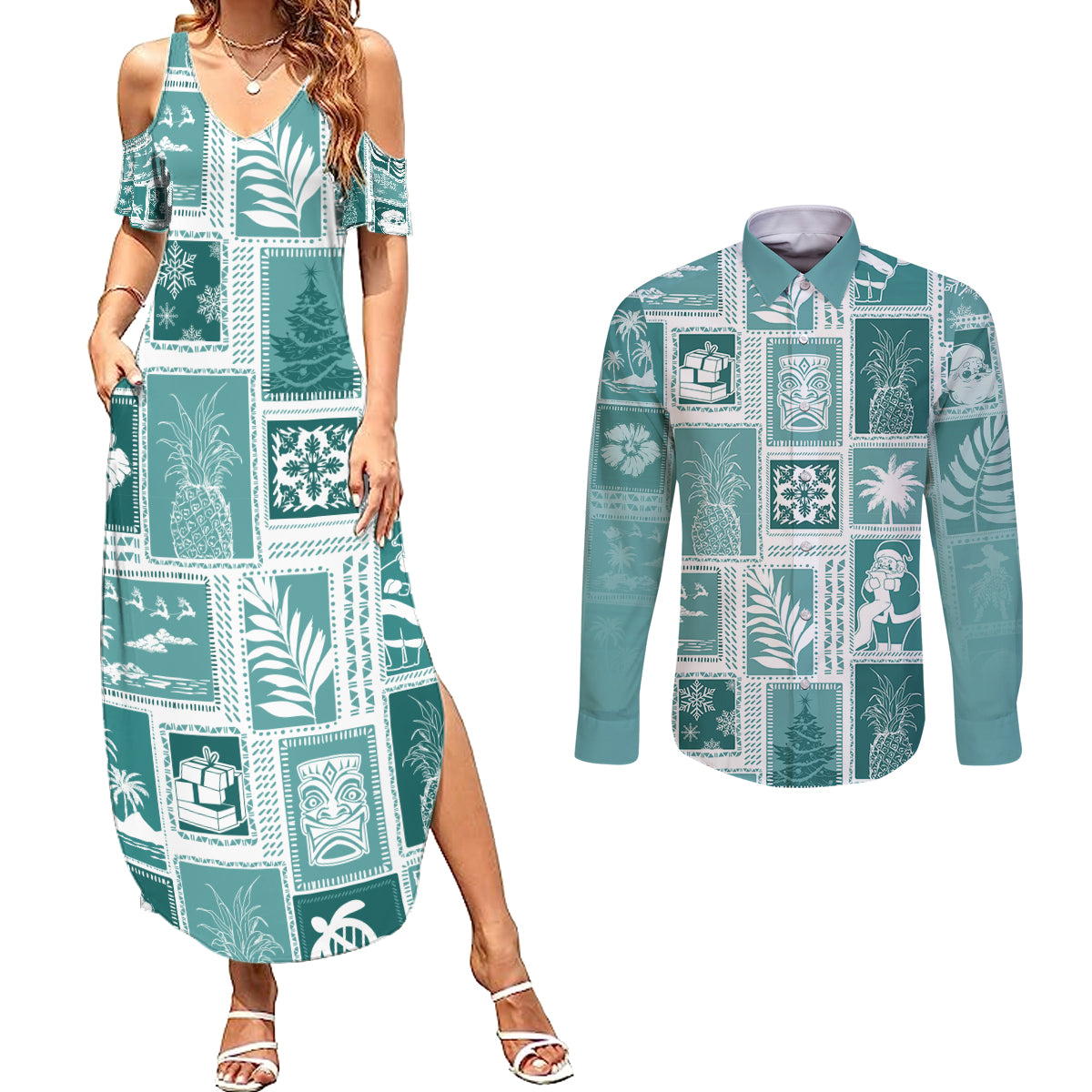 Hawaii Christmas Retro Patchwork Couples Matching Summer Maxi Dress and Long Sleeve Button Shirt Teal LT7 Teal - Polynesian Pride