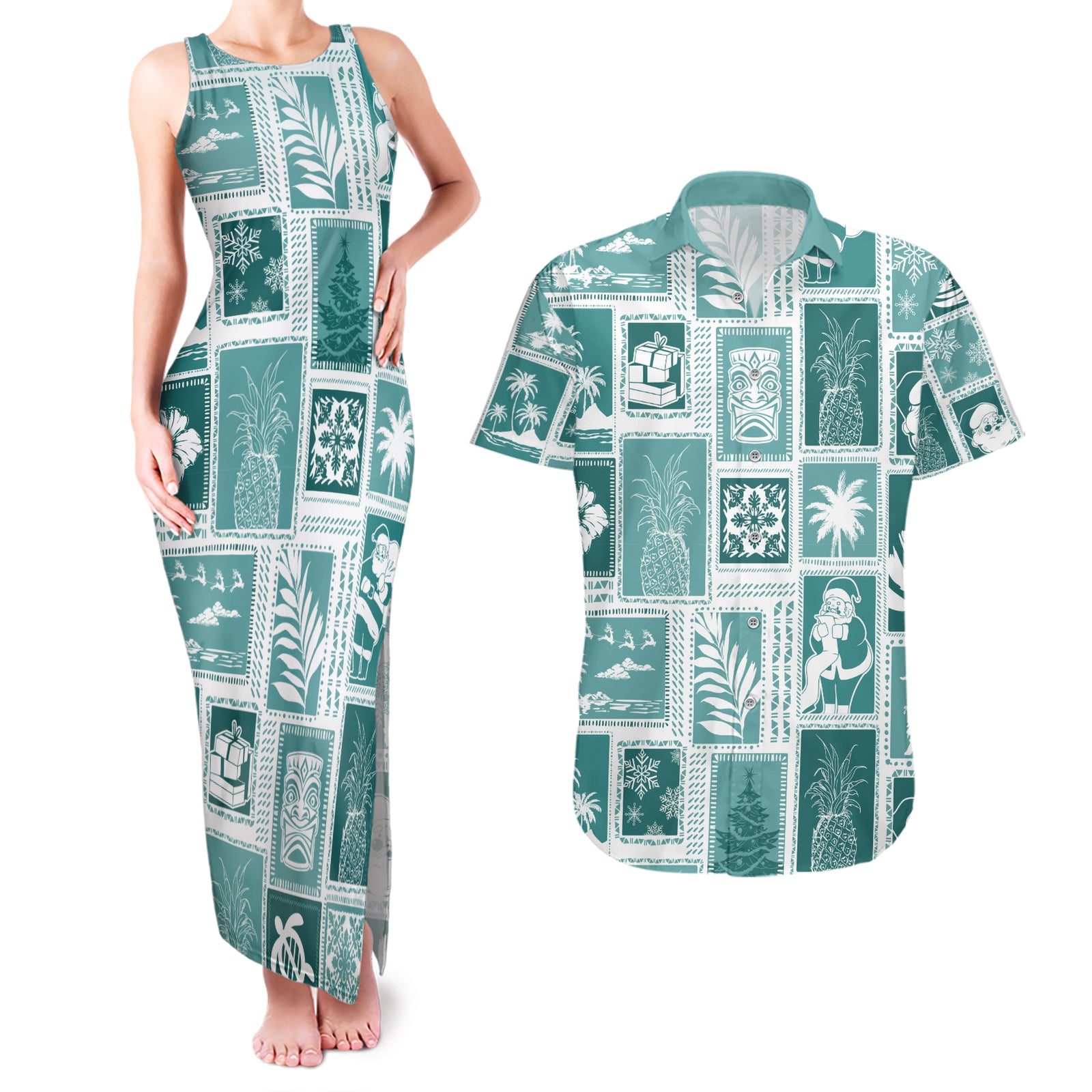 Hawaii Christmas Retro Patchwork Couples Matching Tank Maxi Dress and Hawaiian Shirt Teal LT7 Teal - Polynesian Pride