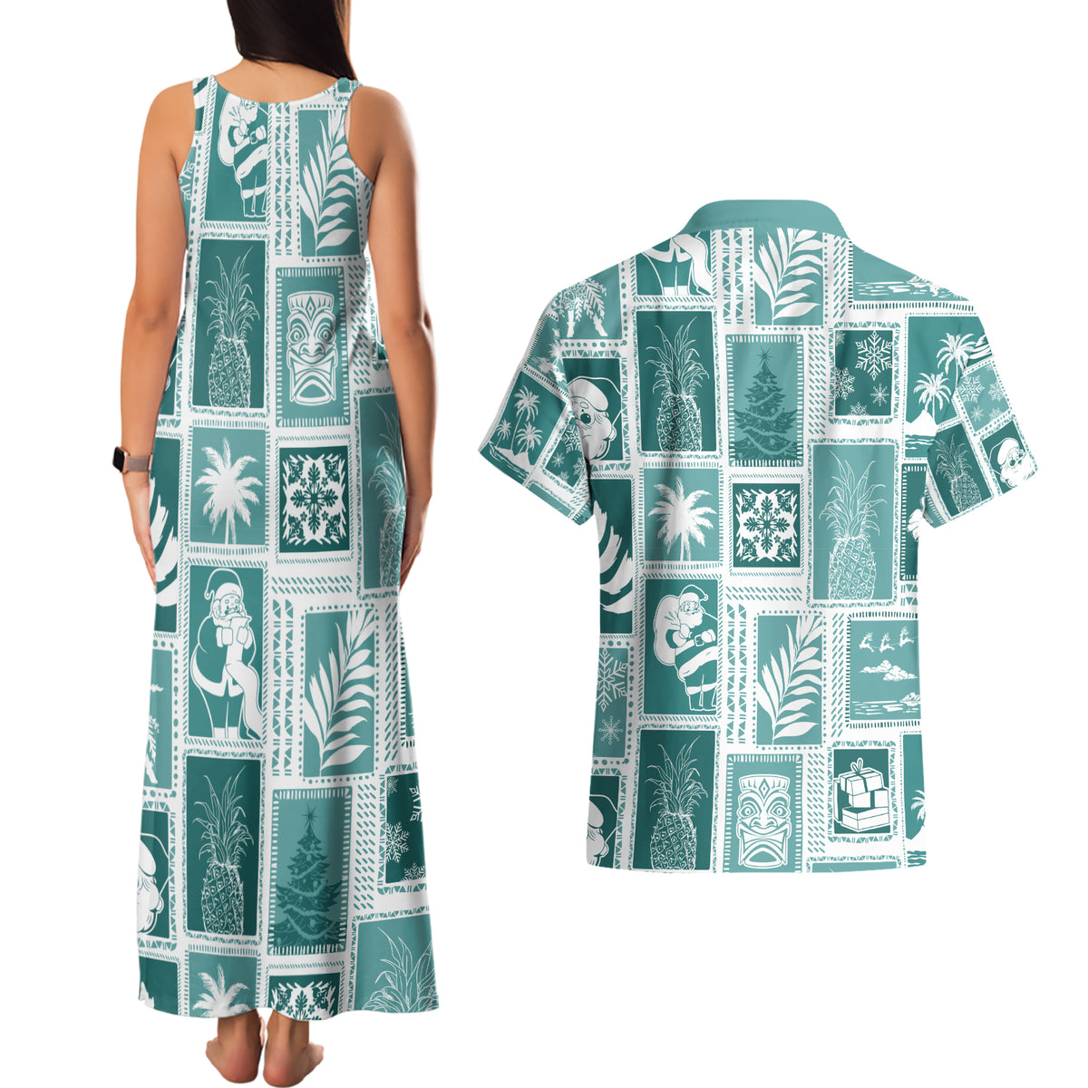 Hawaii Christmas Retro Patchwork Couples Matching Tank Maxi Dress and Hawaiian Shirt Teal LT7 - Polynesian Pride