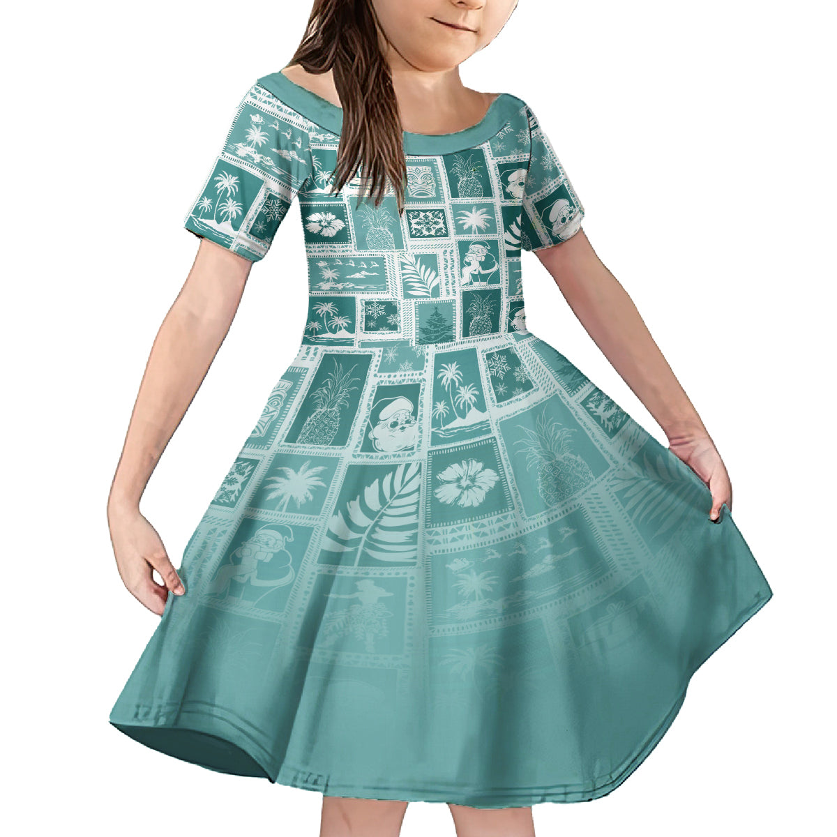 Hawaii Christmas Retro Patchwork Family Matching Long Sleeve Bodycon Dress and Hawaiian Shirt Teal LT7 Daughter's Dress Teal - Polynesian Pride