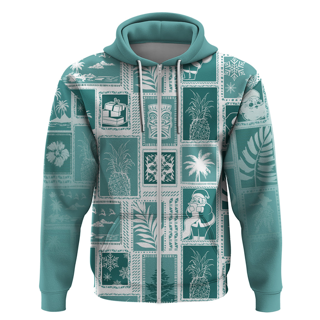 Hawaii Christmas Retro Patchwork Hoodie Teal LT7 Zip Hoodie Teal - Polynesian Pride
