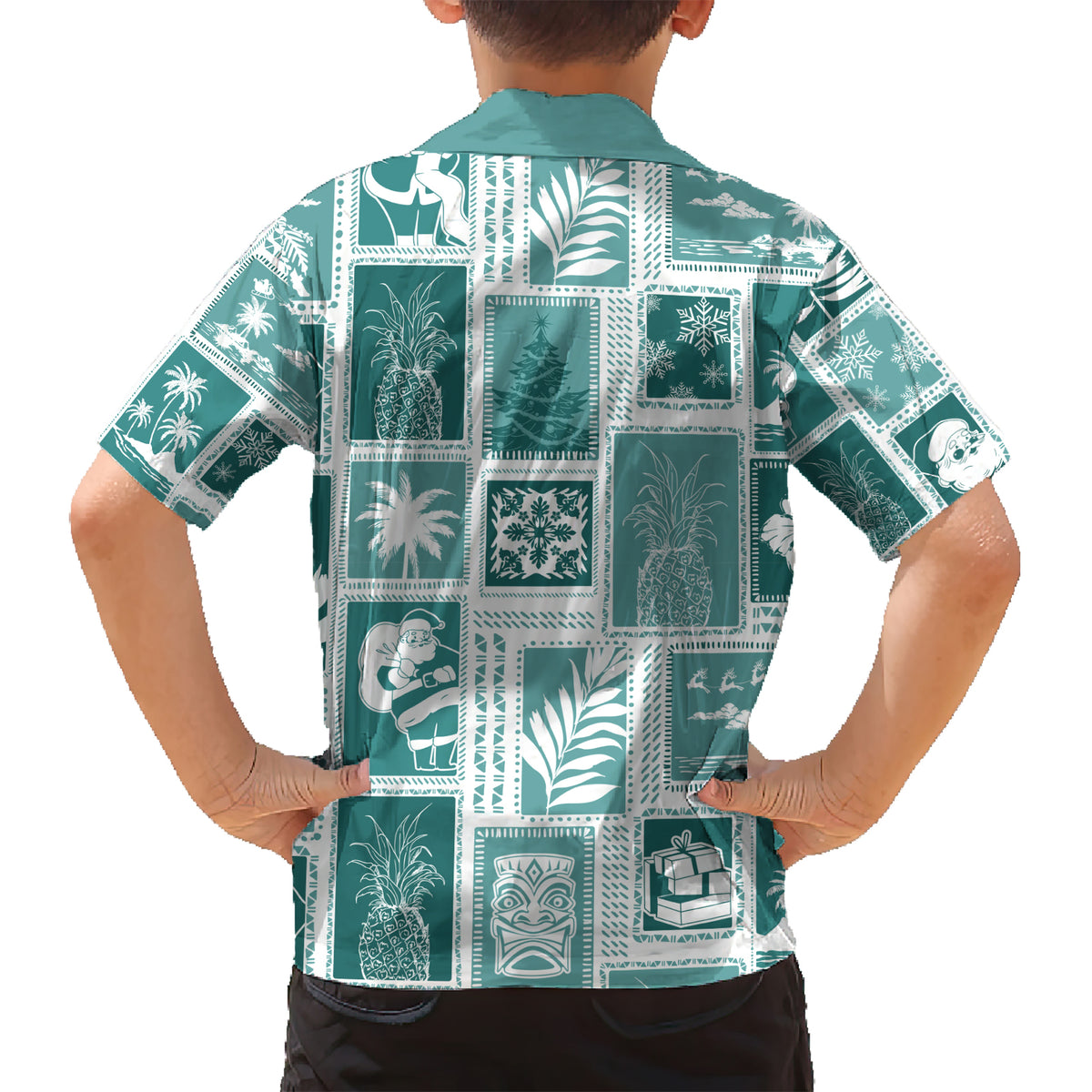 Hawaii Christmas Retro Patchwork Kid Hawaiian Shirt Teal LT7 - Polynesian Pride