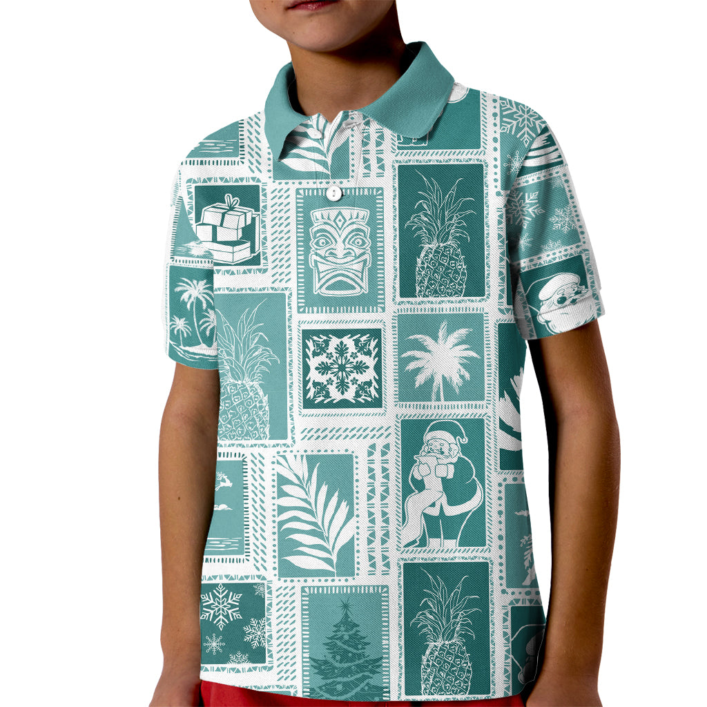 Hawaii Christmas Retro Patchwork Kid Polo Shirt Teal LT7 Kid Teal - Polynesian Pride