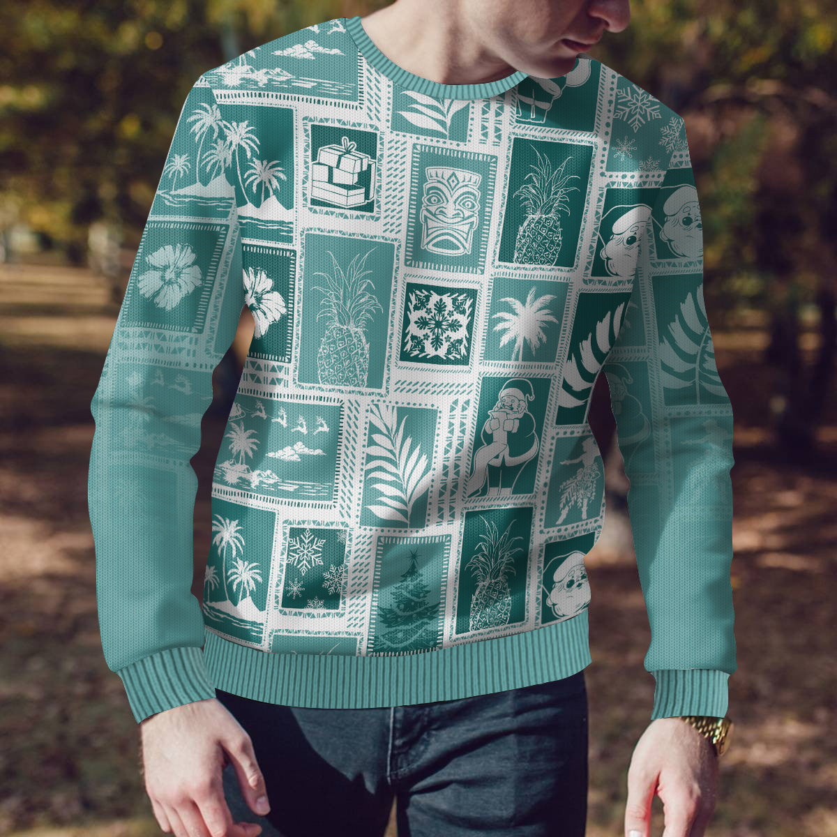 Hawaii Christmas Ugly Christmas Sweater Retro Patchwork - Teal LT7 - Polynesian Pride