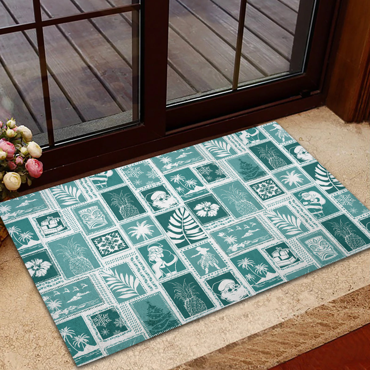 Hawaii Christmas Retro Patchwork Rubber Doormat Teal LT7 - Polynesian Pride