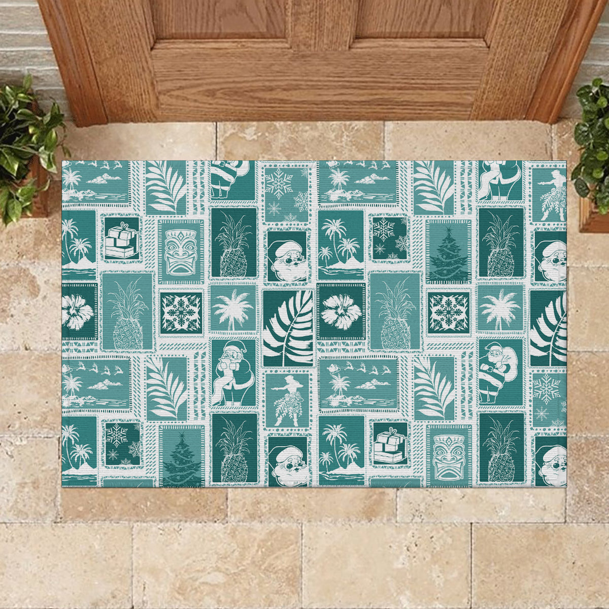 Hawaii Christmas Retro Patchwork Rubber Doormat Teal LT7 - Polynesian Pride