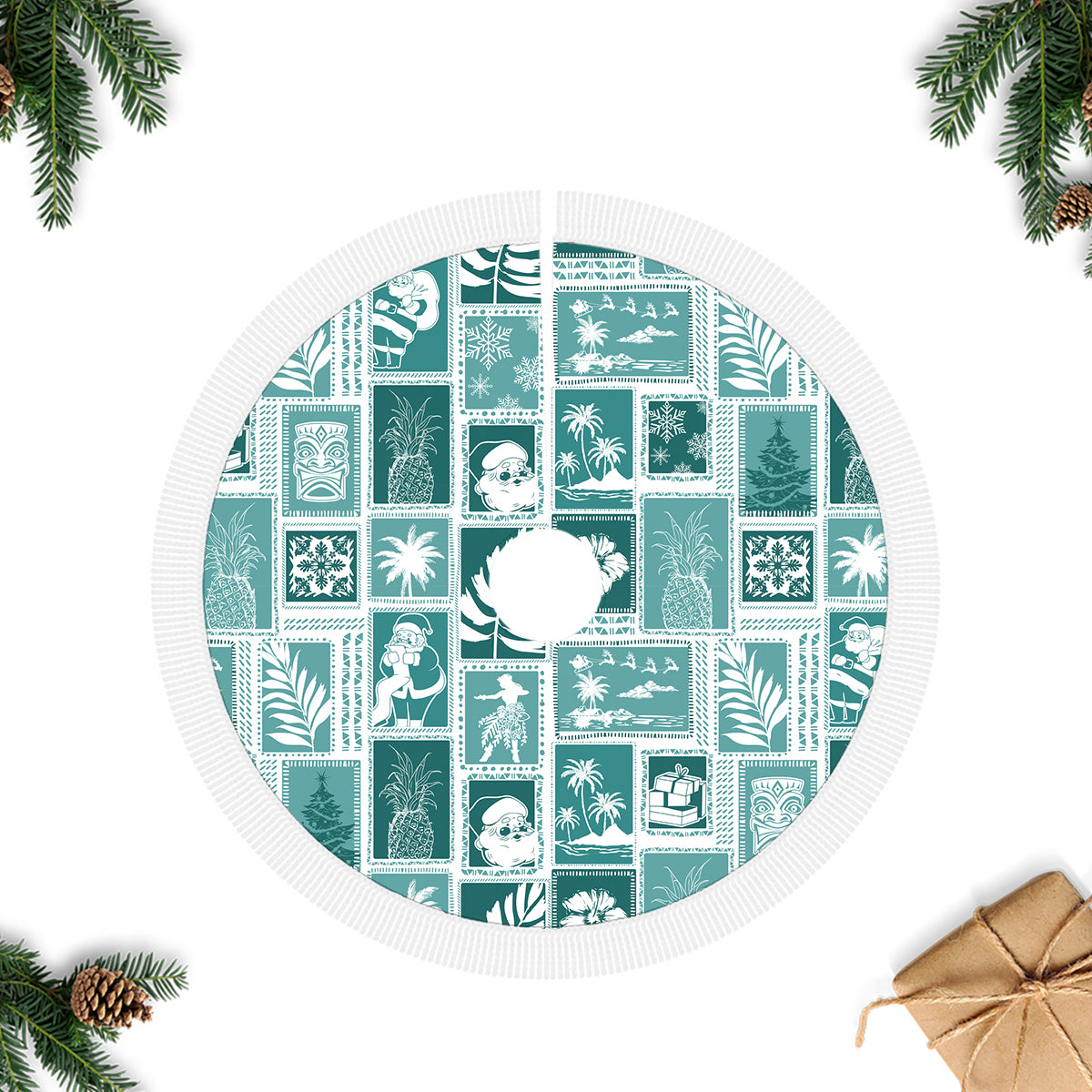 Hawaii Christmas Tree Skirt Retro Patchwork - Teal LT7 Fringed Tree Skirts Teal - Polynesian Pride