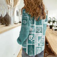 Hawaii Christmas Retro Patchwork Women Casual Shirt Teal LT7 - Polynesian Pride