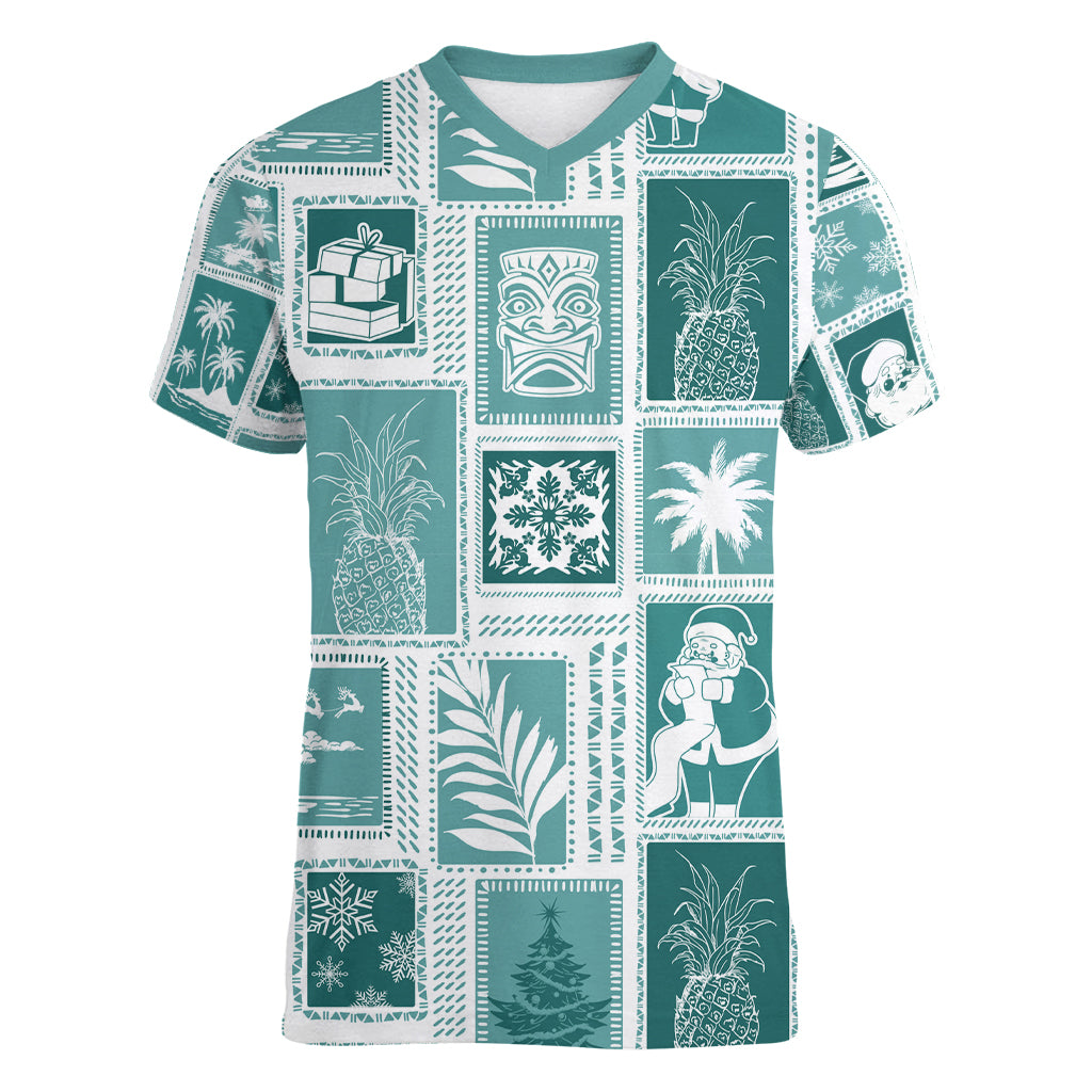 Hawaii Christmas Retro Patchwork Women V Neck T Shirt Teal LT7 Female Teal - Polynesian Pride