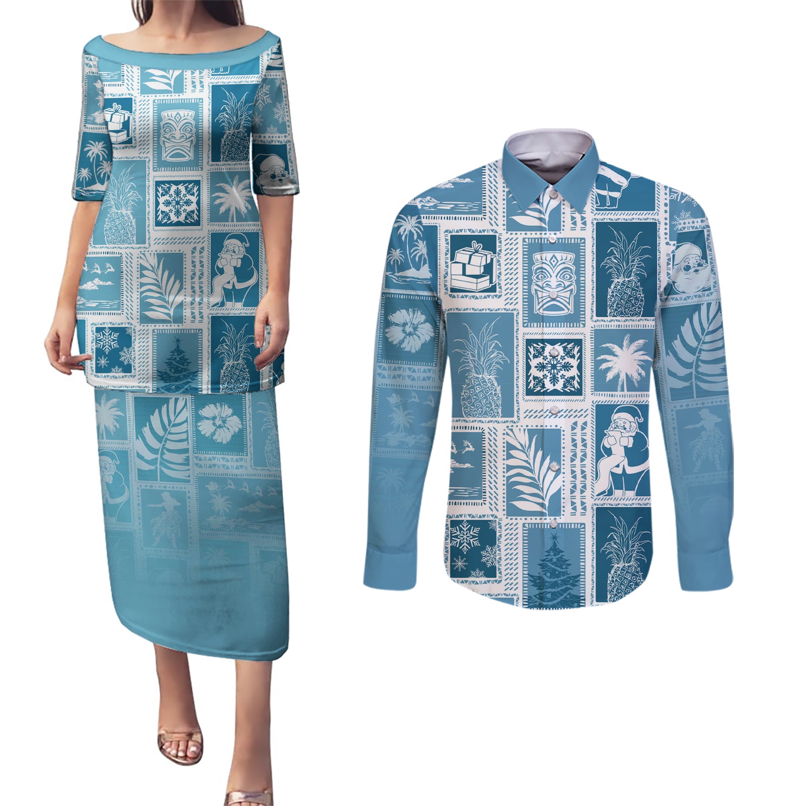 Hawaii Christmas Retro Patchwork Couples Matching Puletasi Dress and Long Sleeve Button Shirt Aquamarine LT7 Aquamarine - Polynesian Pride
