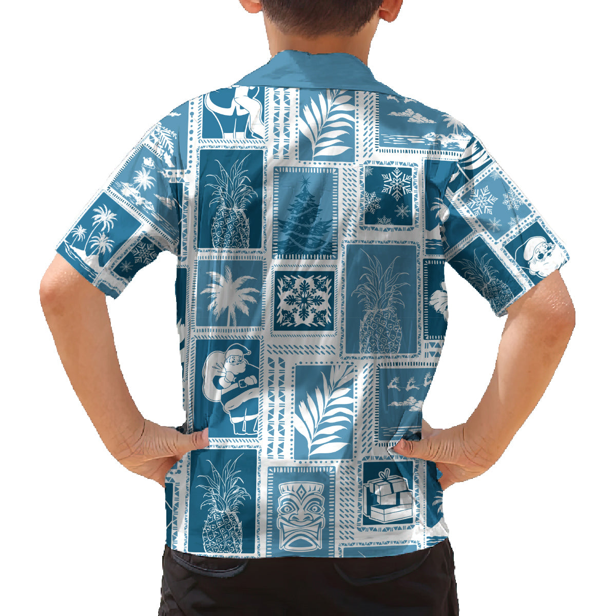Hawaii Christmas Retro Patchwork Family Matching Long Sleeve Bodycon Dress and Hawaiian Shirt Aquamarine LT7 - Polynesian Pride