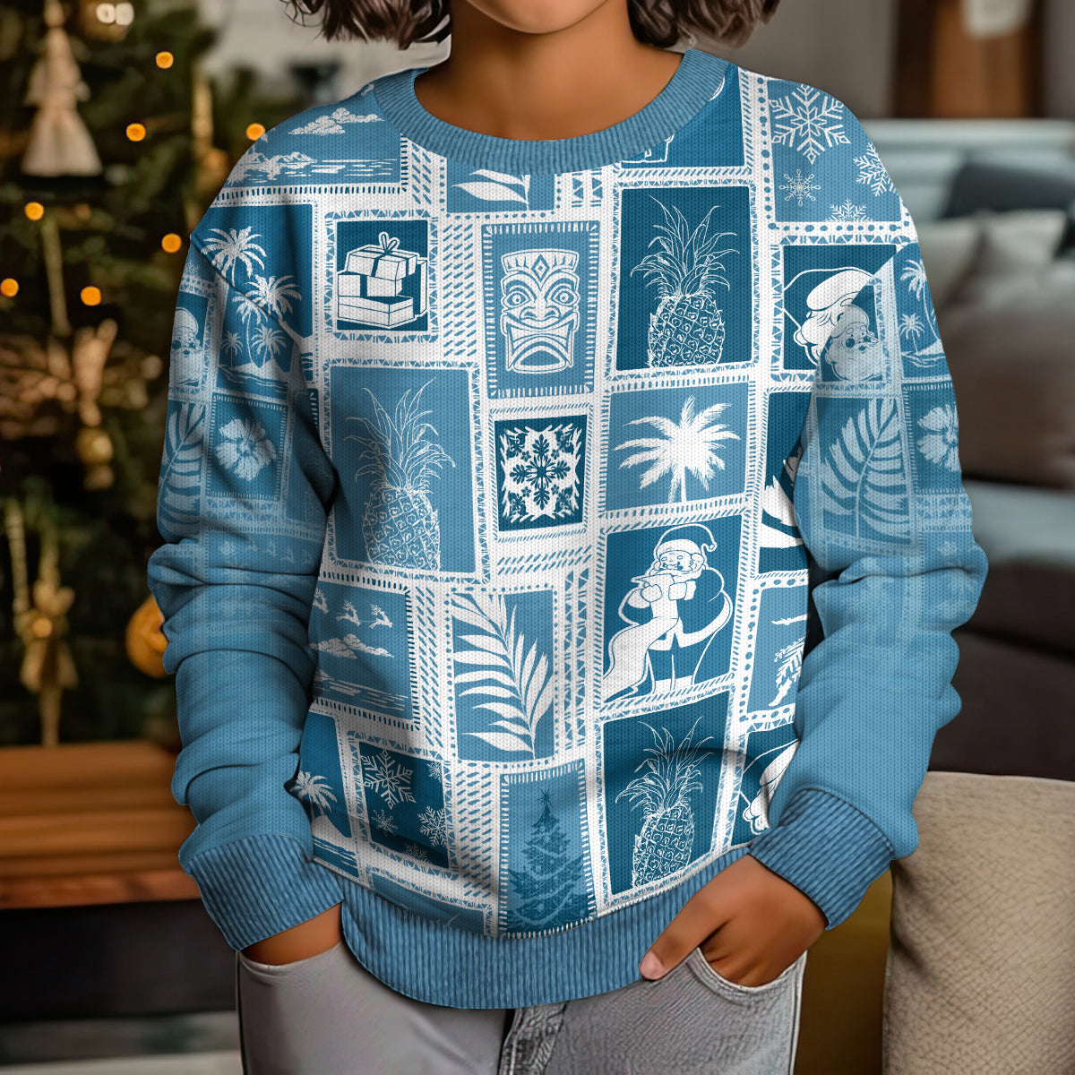 Hawaii Christmas Kid Ugly Christmas Sweater Retro Patchwork - Aquamarine LT7 - Polynesian Pride