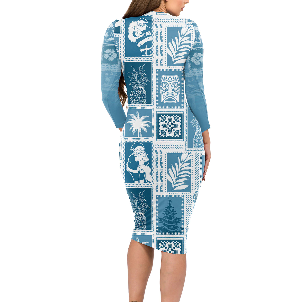 Hawaii Christmas Retro Patchwork Long Sleeve Bodycon Dress Aquamarine LT7 - Polynesian Pride