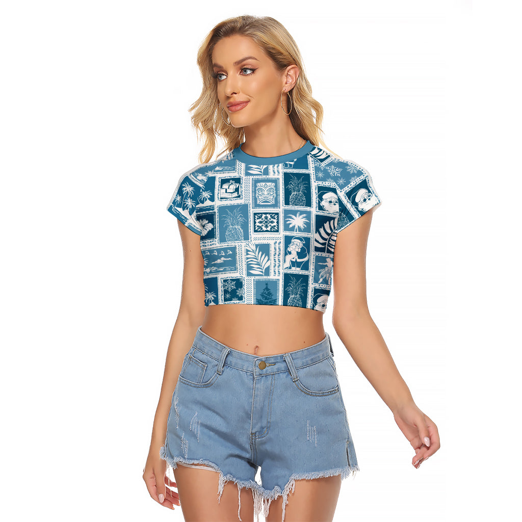 Hawaii Christmas Retro Patchwork Raglan Cropped T Shirt Aquamarine LT7 Female Aquamarine - Polynesian Pride