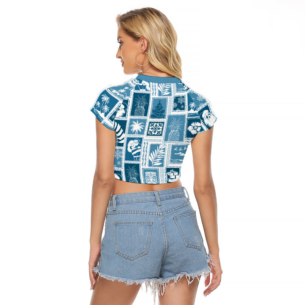 Hawaii Christmas Retro Patchwork Raglan Cropped T Shirt Aquamarine LT7 - Polynesian Pride