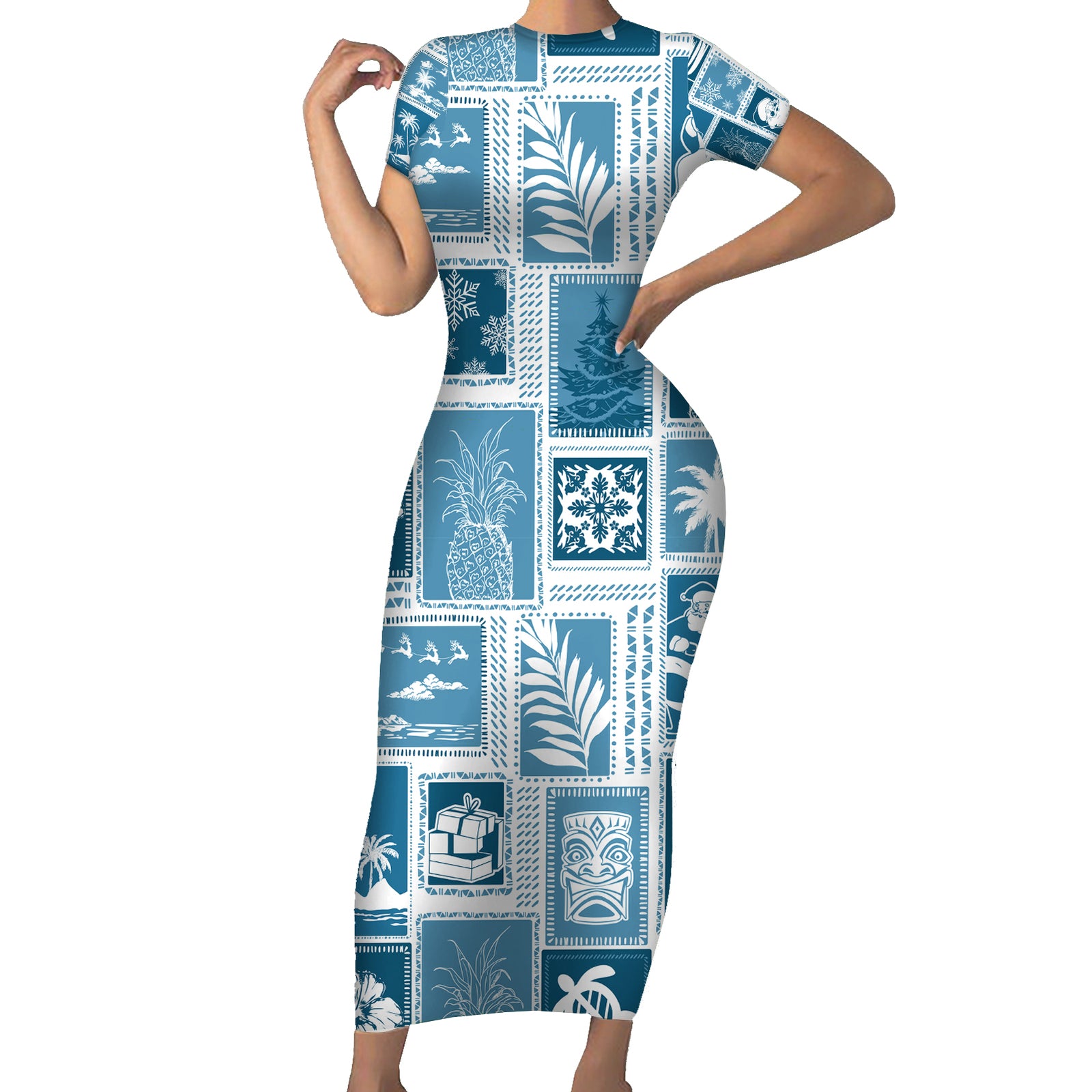 Hawaii Christmas Retro Patchwork Short Sleeve Bodycon Dress Aquamarine LT7 Long Dress Aquamarine - Polynesian Pride