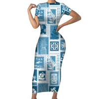 Hawaii Christmas Retro Patchwork Short Sleeve Bodycon Dress Aquamarine LT7 Long Dress Aquamarine - Polynesian Pride