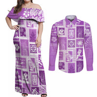 Hawaii Christmas Retro Patchwork Couples Matching Off Shoulder Maxi Dress and Long Sleeve Button Shirt Violet LT7 Violet - Polynesian Pride