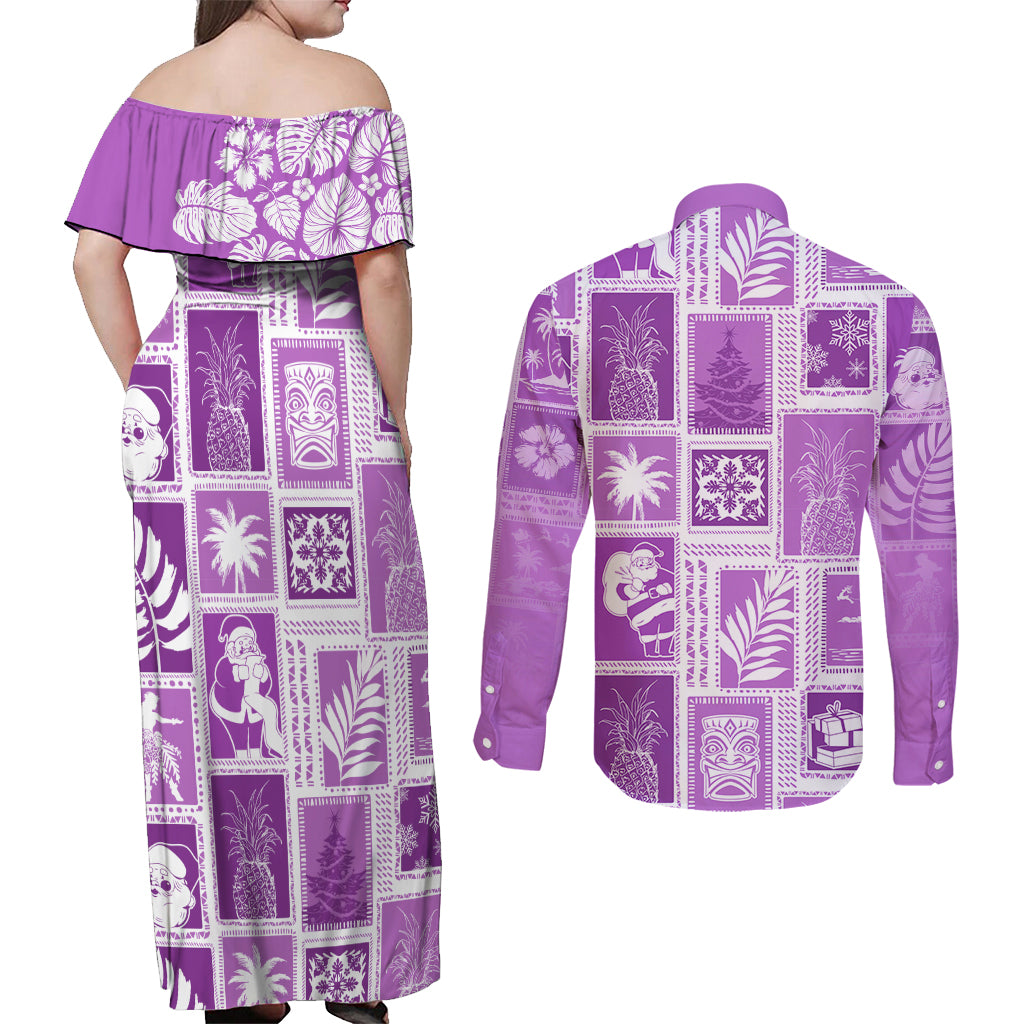 Hawaii Christmas Retro Patchwork Couples Matching Off Shoulder Maxi Dress and Long Sleeve Button Shirt Violet LT7 - Polynesian Pride