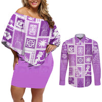 Hawaii Christmas Retro Patchwork Couples Matching Off Shoulder Short Dress and Long Sleeve Button Shirt Violet LT7 Violet - Polynesian Pride