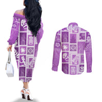 Hawaii Christmas Retro Patchwork Couples Matching Off The Shoulder Long Sleeve Dress and Long Sleeve Button Shirt Violet LT7 - Polynesian Pride