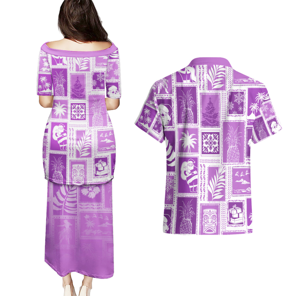 Hawaii Christmas Retro Patchwork Couples Matching Puletasi Dress and Hawaiian Shirt Violet LT7 - Polynesian Pride