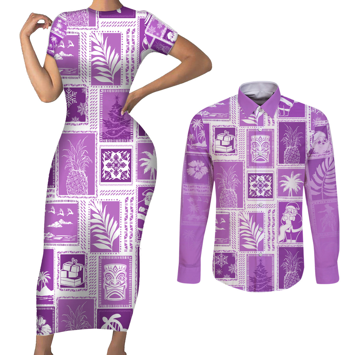 Hawaii Christmas Retro Patchwork Couples Matching Short Sleeve Bodycon Dress and Long Sleeve Button Shirt Violet LT7 Violet - Polynesian Pride