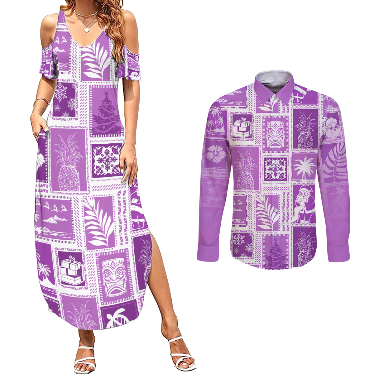 Hawaii Christmas Retro Patchwork Couples Matching Summer Maxi Dress and Long Sleeve Button Shirt Violet LT7 Violet - Polynesian Pride