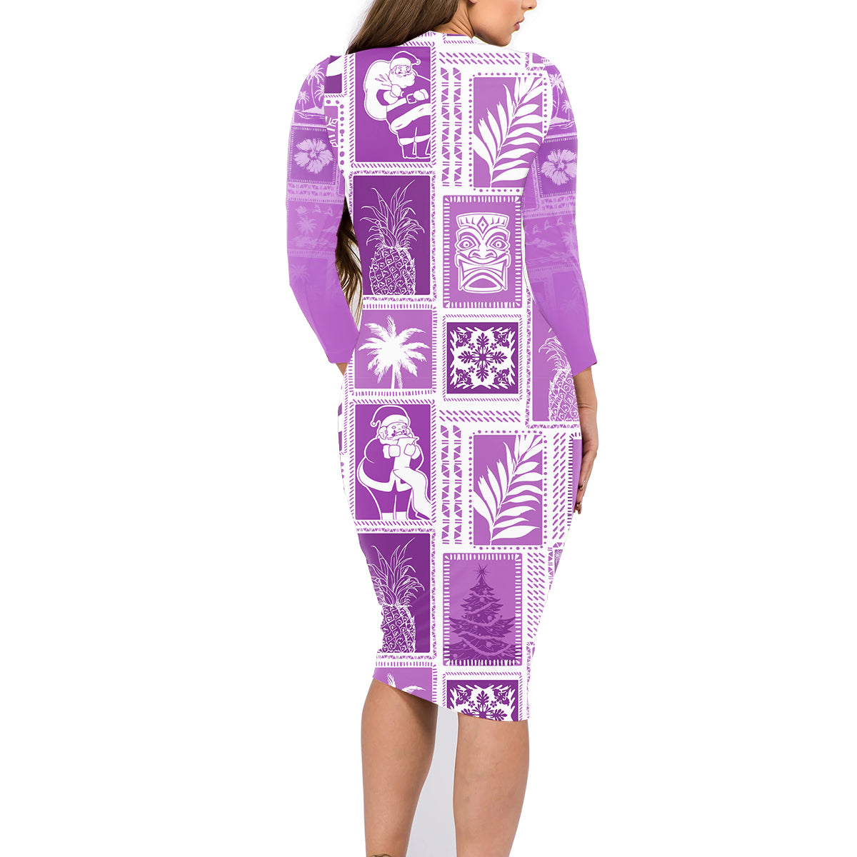 Hawaii Christmas Retro Patchwork Family Matching Long Sleeve Bodycon Dress and Hawaiian Shirt Violet LT7 - Polynesian Pride