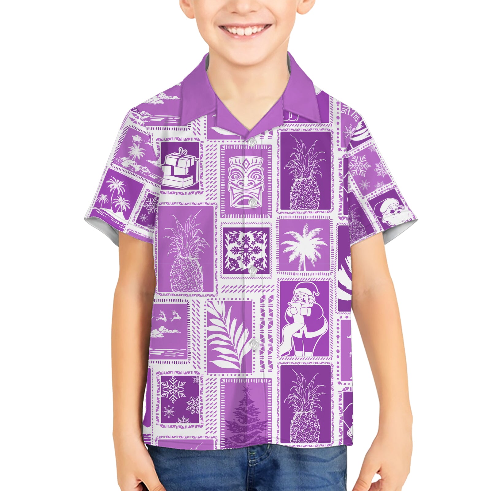 Hawaii Christmas Retro Patchwork Kid Hawaiian Shirt Violet LT7 Kid Violet - Polynesian Pride