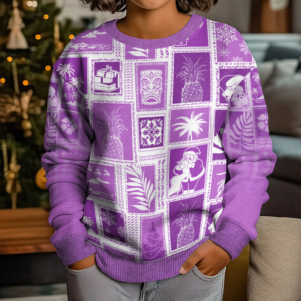 Hawaii Christmas Kid Ugly Christmas Sweater Retro Patchwork - Violet LT7 - Polynesian Pride
