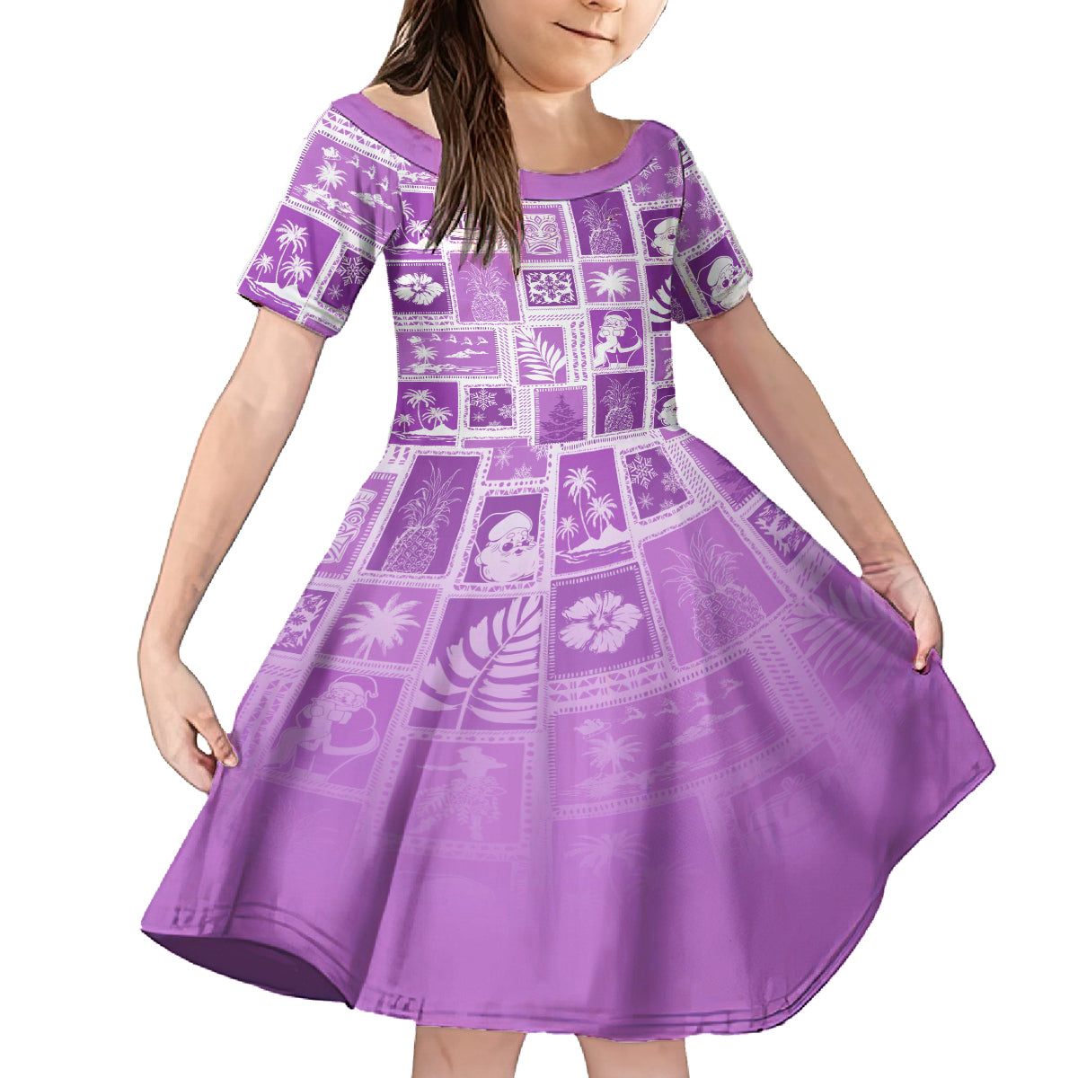 Hawaii Christmas Retro Patchwork Kid Short Sleeve Dress Violet LT7 KID Violet - Polynesian Pride