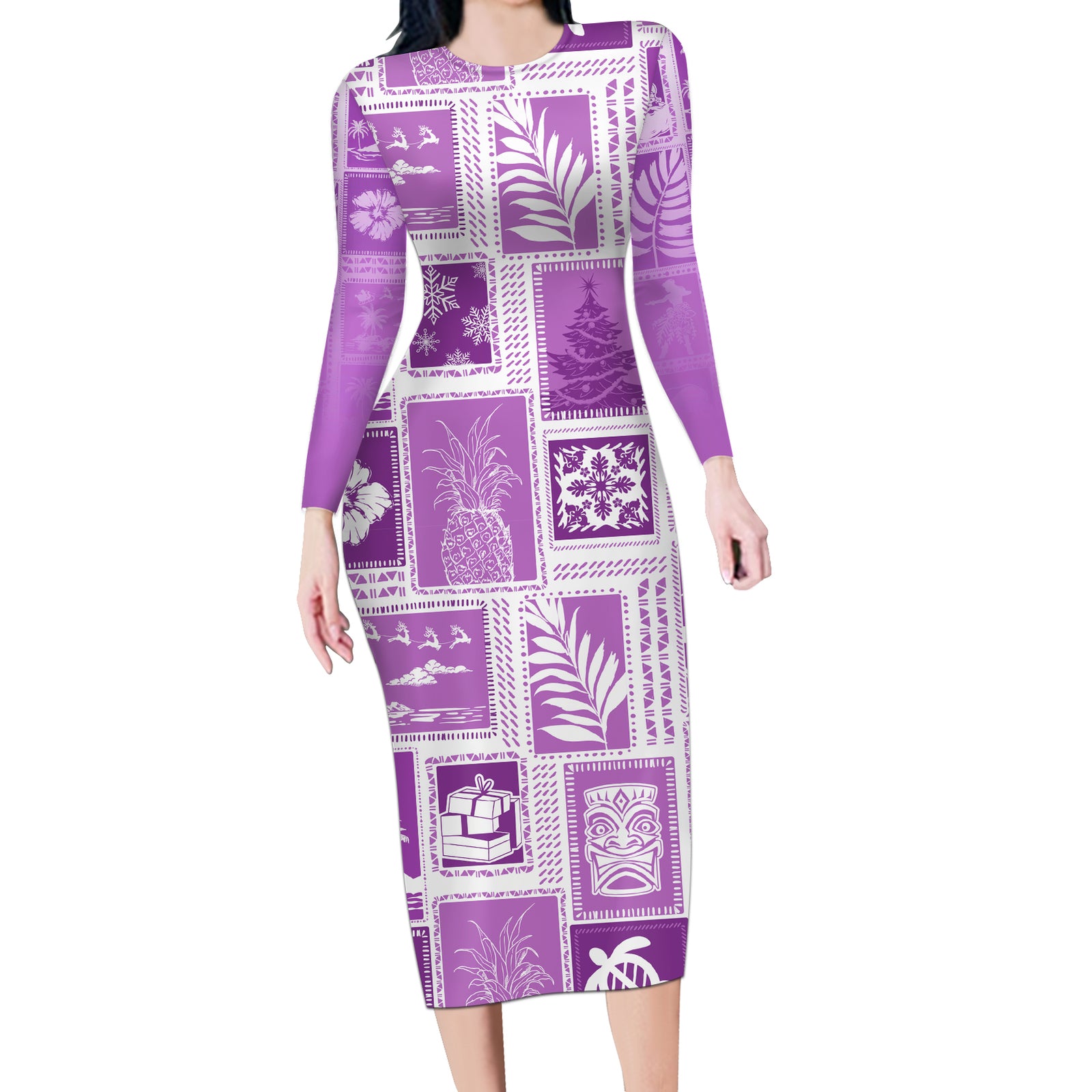 Hawaii Christmas Retro Patchwork Long Sleeve Bodycon Dress Violet LT7 Long Dress Violet - Polynesian Pride