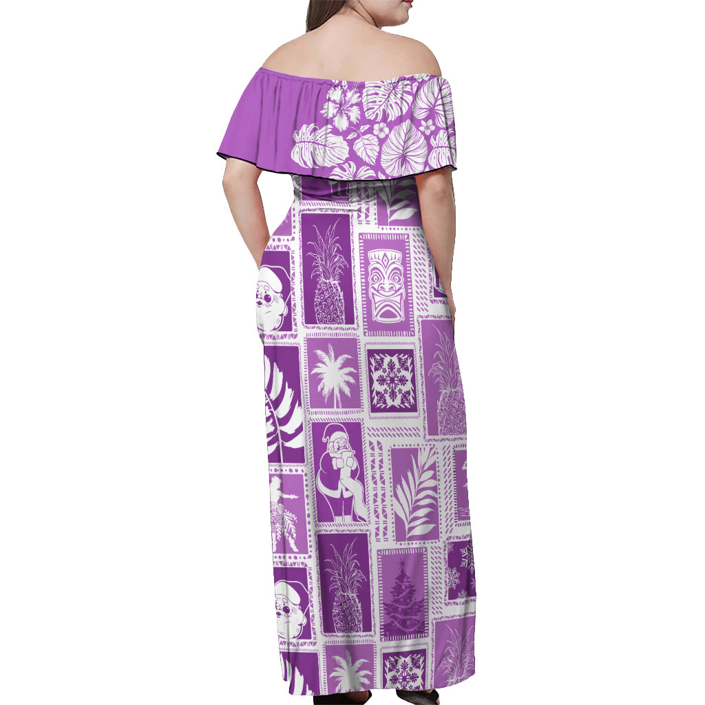 Hawaii Christmas Retro Patchwork Off Shoulder Maxi Dress Violet LT7 - Polynesian Pride